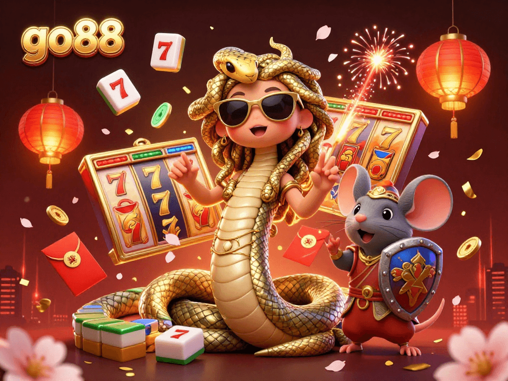 Experience go88's thrilling gaming scene with Medusa and a warrior mouse amidst dynamic casino elements.
