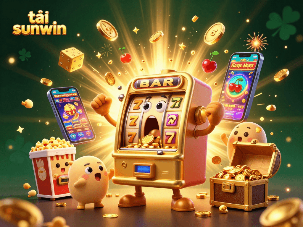 Play exciting games at tải sunwin with a vibrant scene featuring a golden slot machine hitting a jackpot amidst cheering and dynamic casino elements.