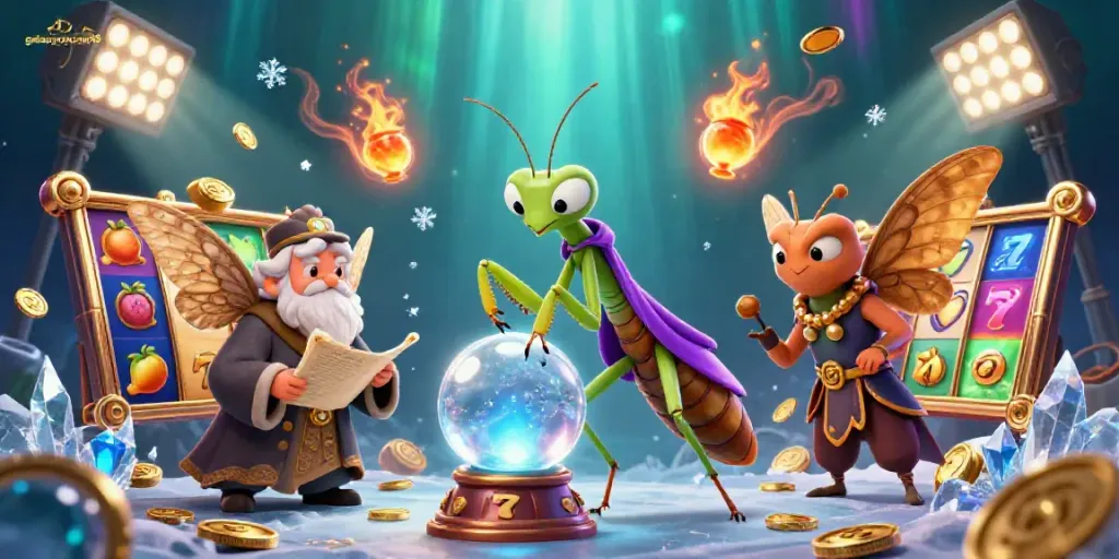 Witness the enchanting world of galaxymacau88, where a mystical fortune teller and an ancient moth librarian interact with vibrant casino symbols.