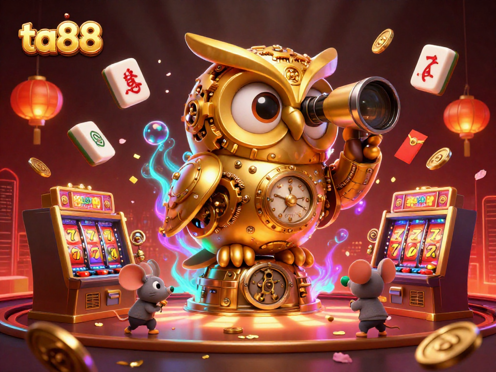 Engage in thrilling gameplay at ta88 with a vibrant 3D casino scene featuring an owl and mice in action.