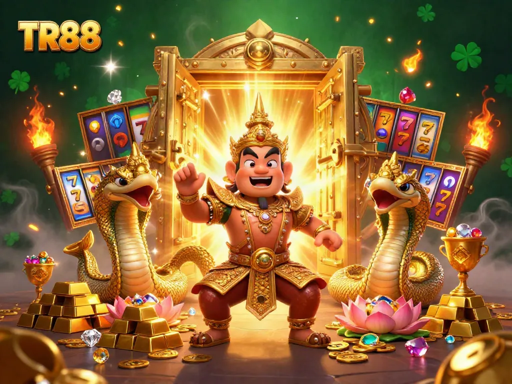 Experience the excitement of TR88 with vibrant slot reels and golden treasures in an animated casino scene.