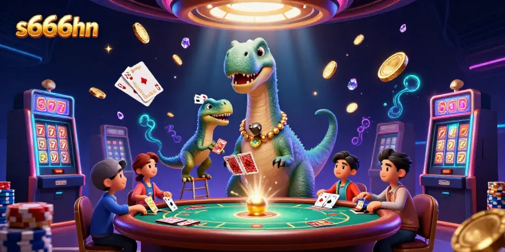 Experience the thrilling extravagance of s666hn casino with a vibrant 3D scene of a brontosaurus watching a poker game.