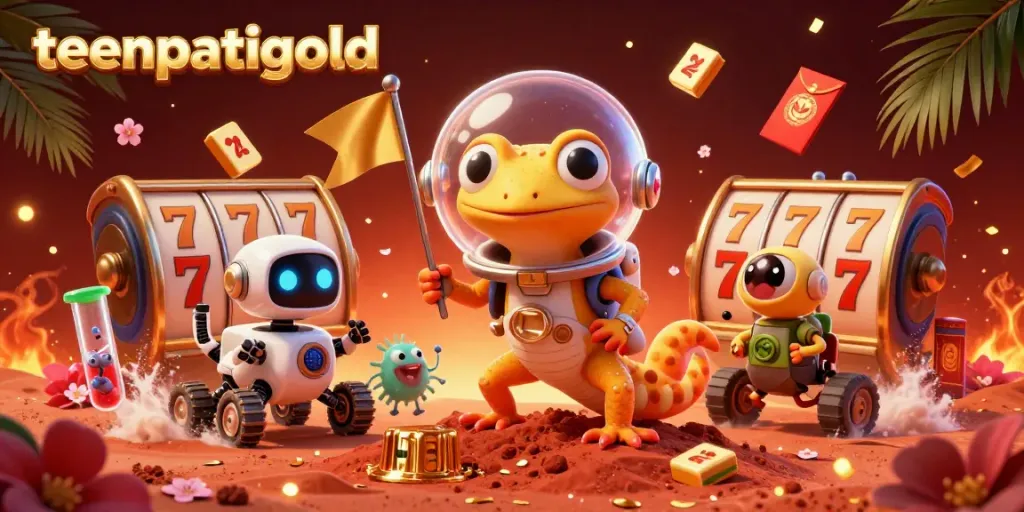 Engage with teenpatiigold's interactive casino experience featuring a Martian gecko unearthing a golden casino on Mars.
