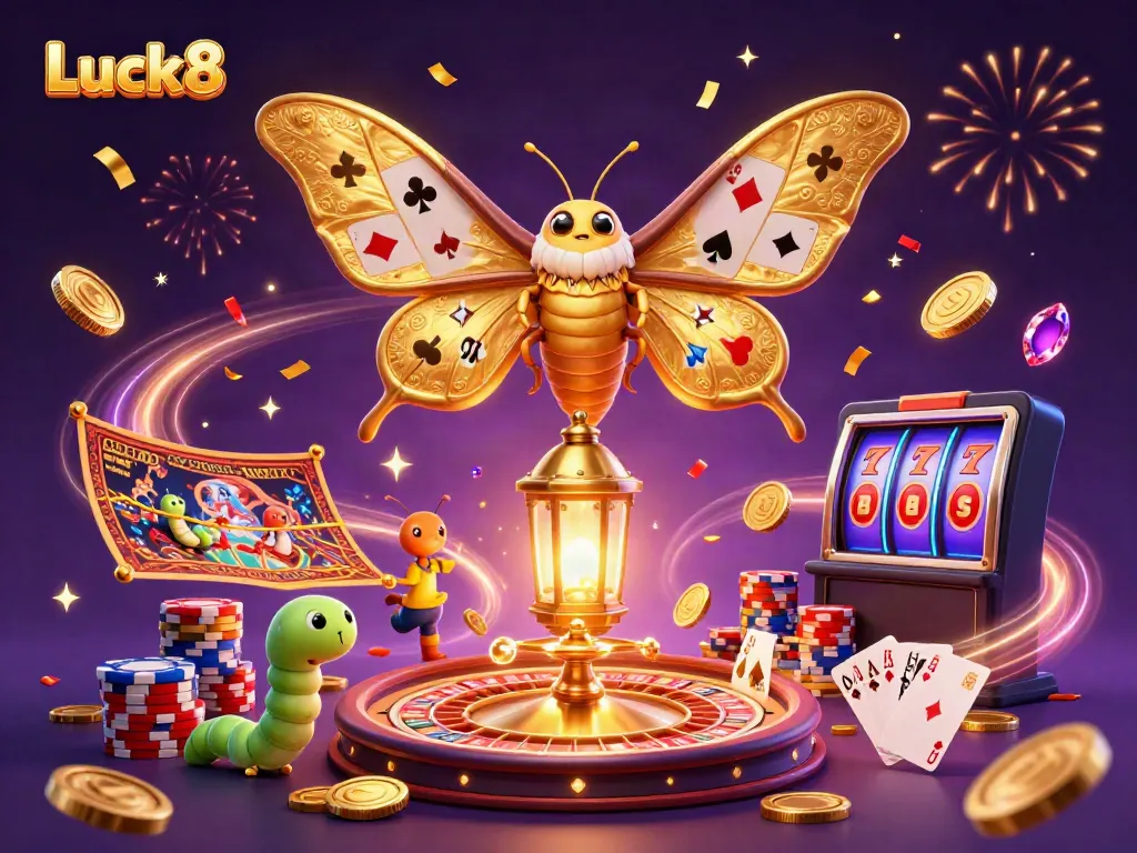 Experience wins with Luck8 in a vibrant casino scene featuring a majestic moth and golden treasures.