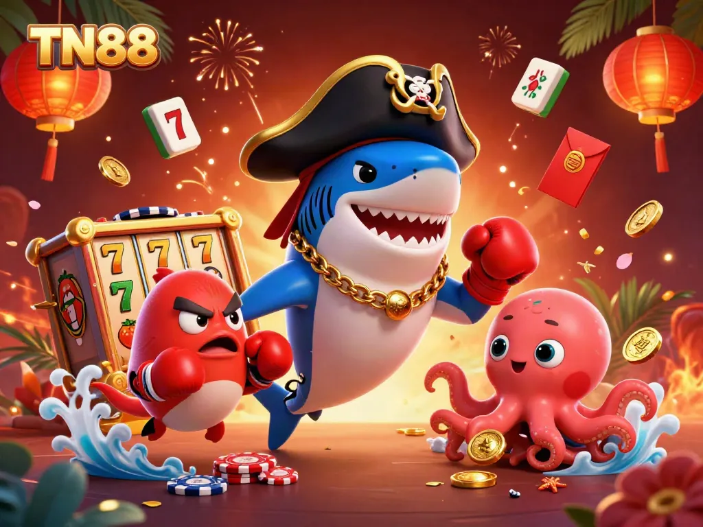 Engage with thrilling TN88 casino action featuring a pirate shark, pufferfish, and octopus in vibrant slots adventure.