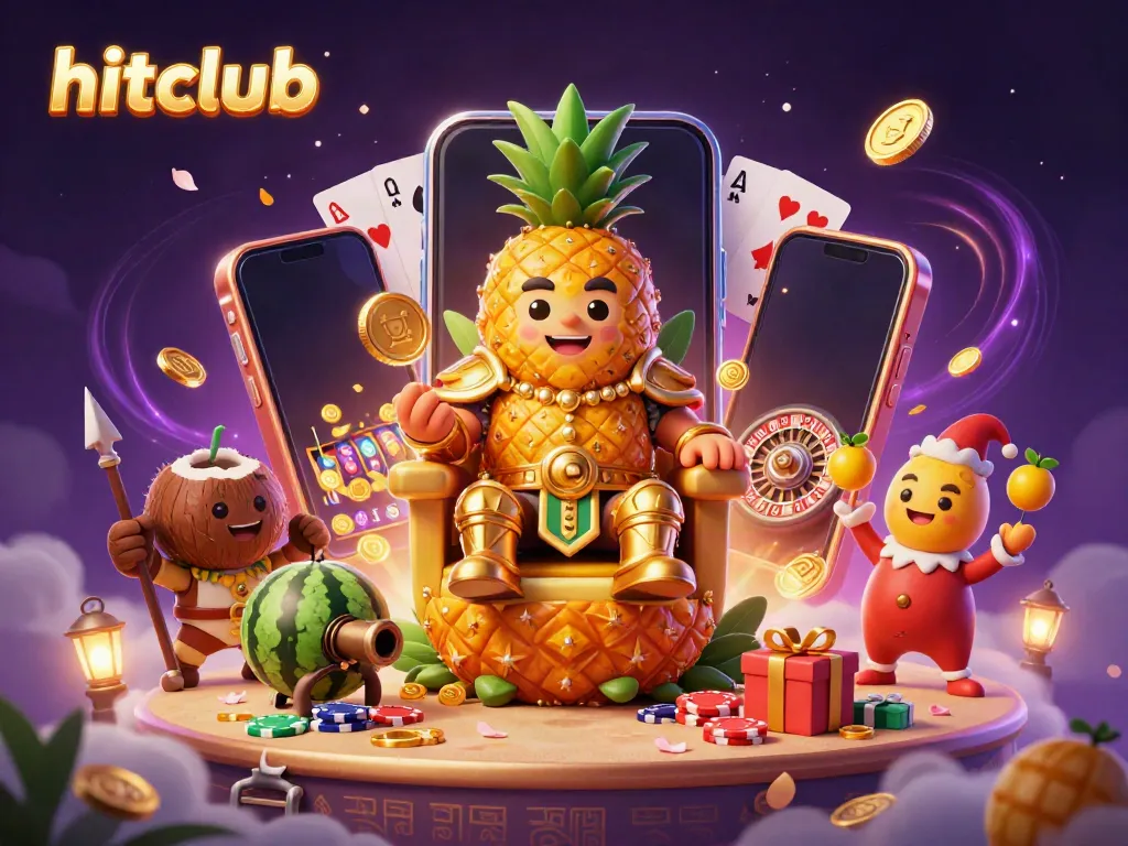 Play slots and win big with hitclub in a vibrant casino-themed illustration.