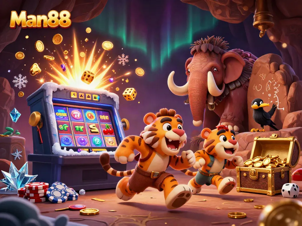 Experience exciting gaming moments at Man88 with cartoon cavemen and slot machines in a vibrant casino setting.