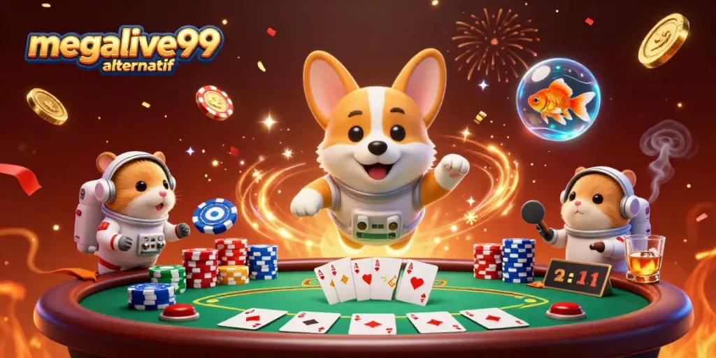 Gambaran megalive99 alternatif dengan astronot corgi dan elemen kasino yang menghibur dan dinamis.