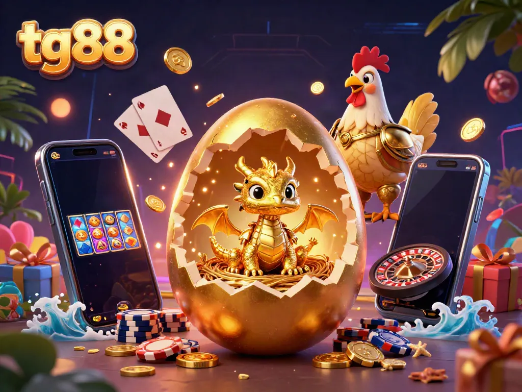 Experience thrilling casino action at tg88 with a golden baby dragon and poker elements.