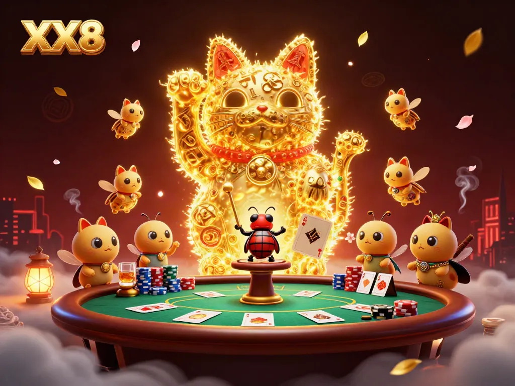 Joyfully engaging with casino symbols, the lucky cat XX8 symbolizes winning potential in vibrant illustration.