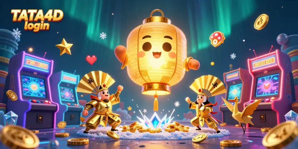 TATA4D login scene showcasing a glowing lantern and gaming elements in a vibrant casino setting