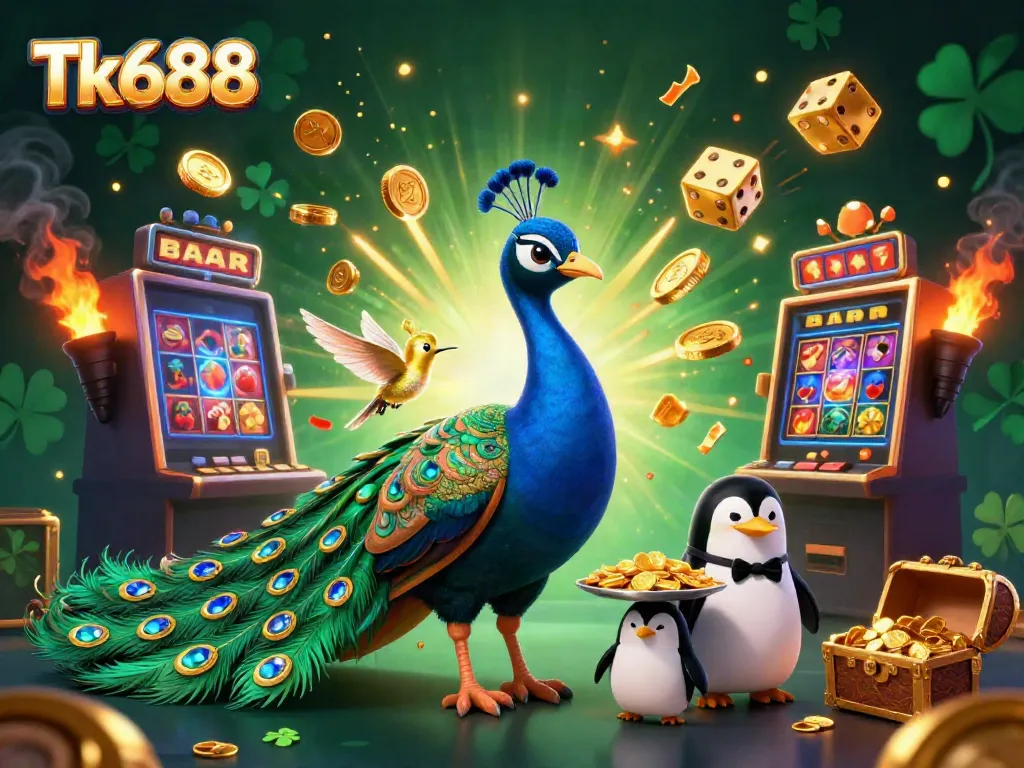 Experience thrilling jackpot wins with Tk688's vibrant casino scene featuring a peacock and penguin.