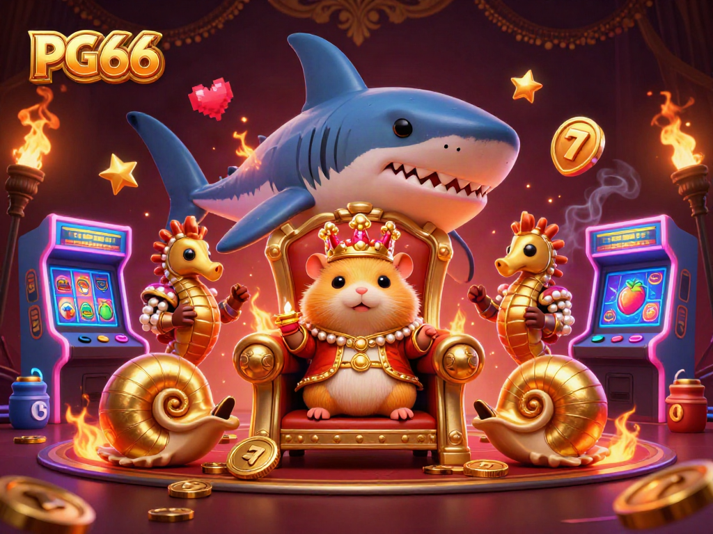Engage with PG66's vibrant 3D casino scene featuring a hamster king and playful gaming elements.