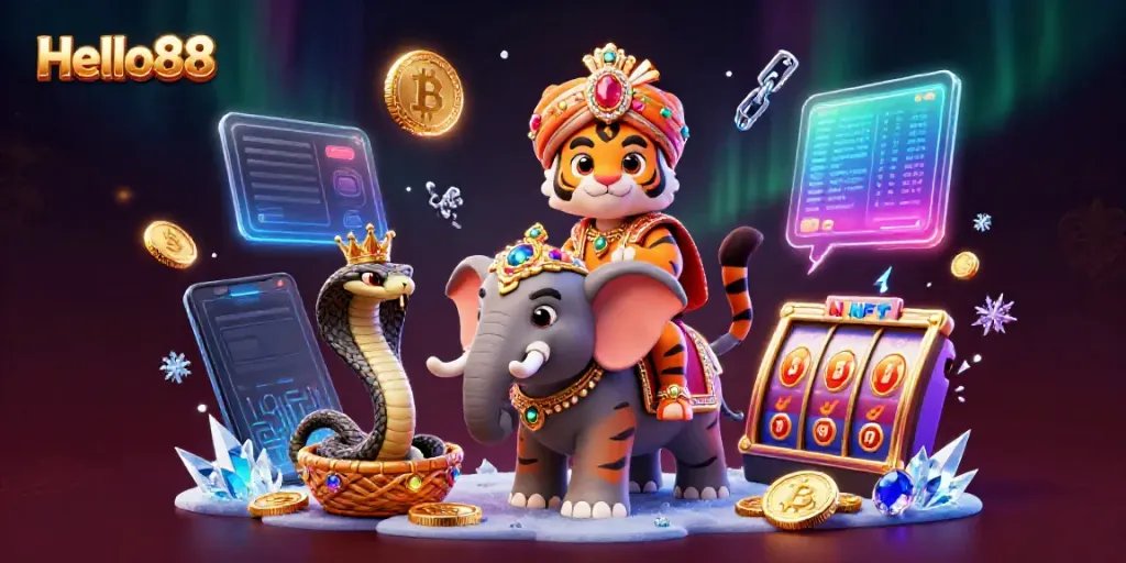 Experience the thrill of Hello88 with a vibrant 3D casino adventure filled with neon coins and dynamic characters.