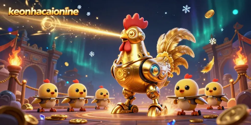 Engage in thrilling betting action with keonhacaionline and the golden rooster robot surrounded by vibrant 3D elements.