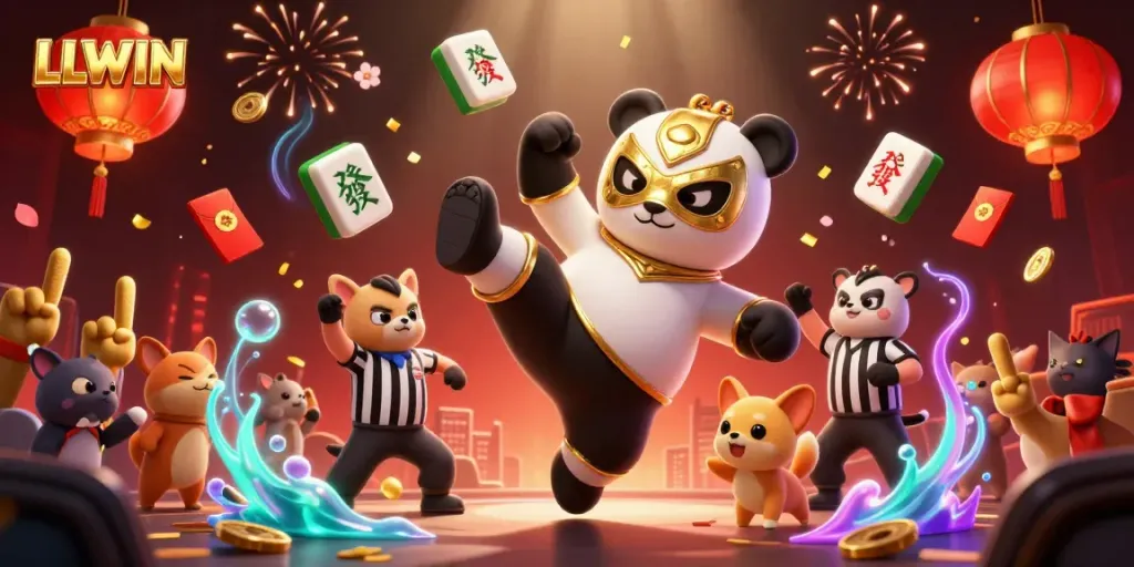 Engage with LLWIN’s vibrant gaming world, featuring a lively scene with a wrestler panda amidst colorful casino elements.