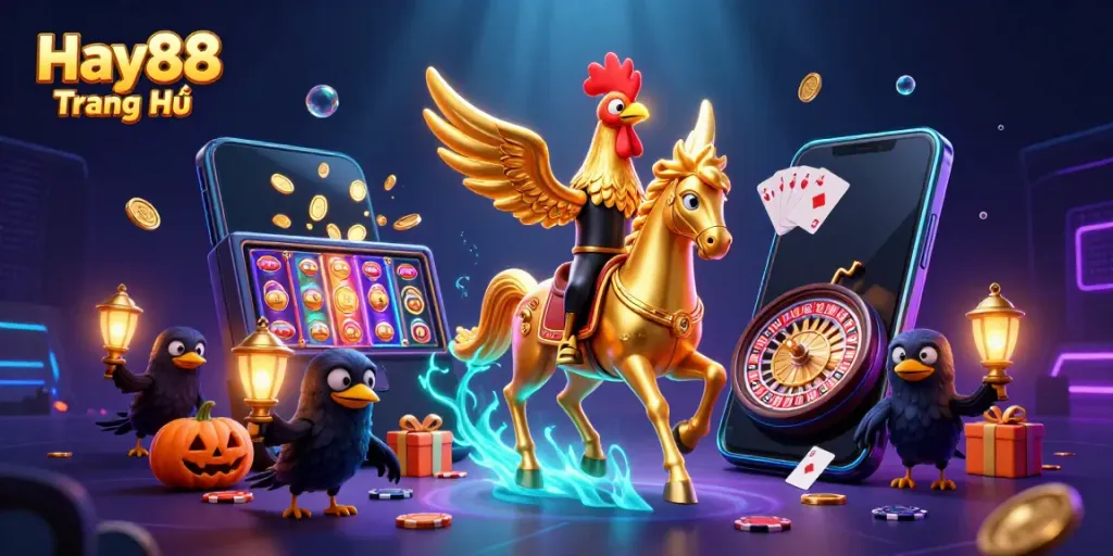 Experience thrilling gameplay at Hay88 Trang Chủ with a dazzling 3D casino scene featuring vibrant characters and game elements.
