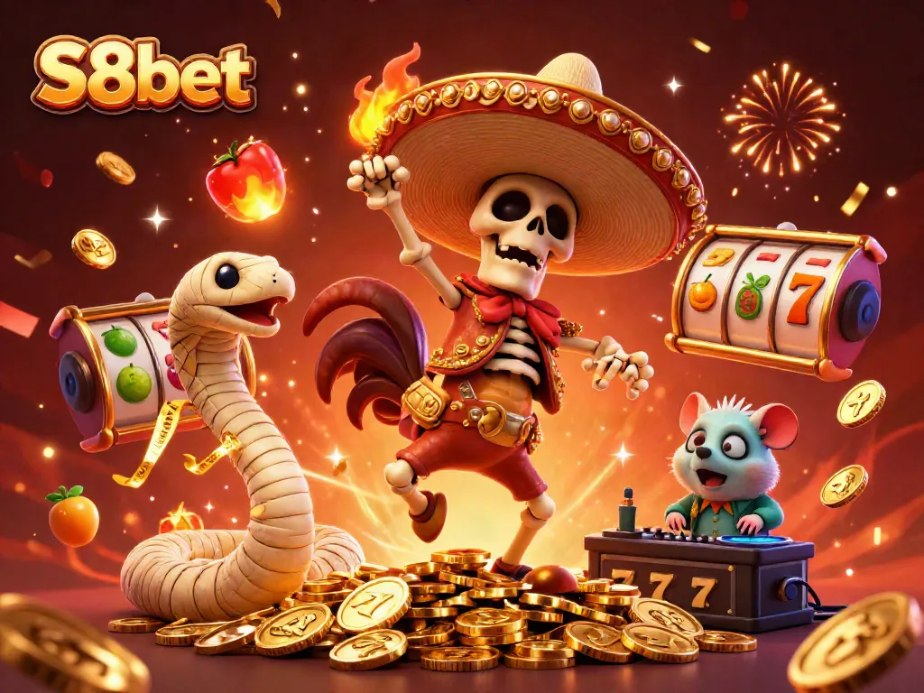 Experience the excitement of S8bet's vibrant casino games with dynamic 3D characters celebrating big wins.