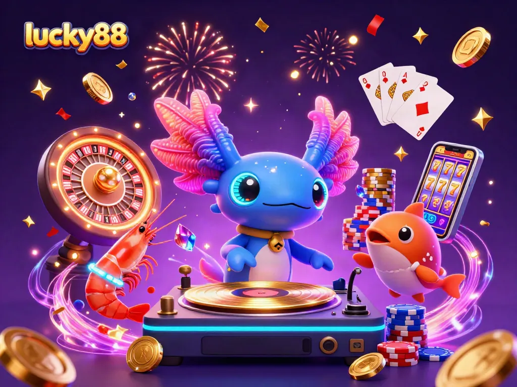 Experience fantastic wins with lucky88 in a vibrant casino scene filled with golden coins and exciting gameplay.