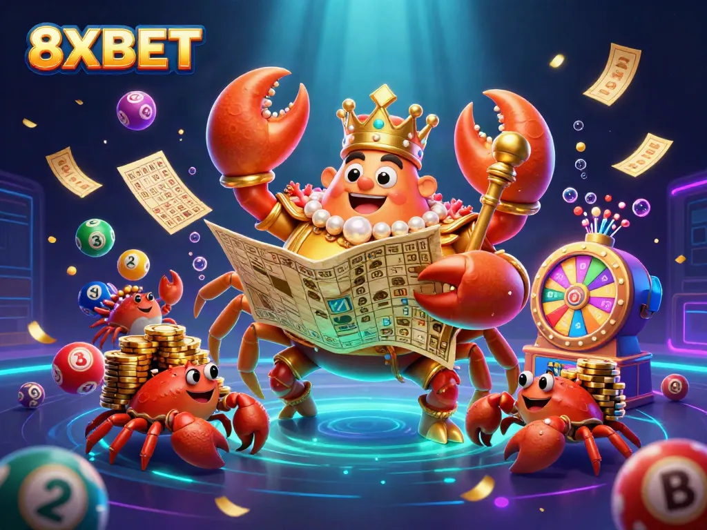 Experience thrilling gameplay at 8XBET with colorful elements like lottery balls and a golden crab emperor.