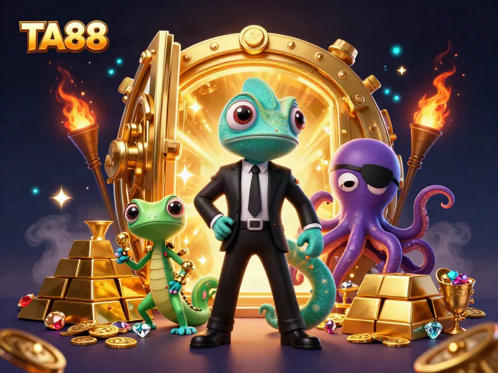 TA88 interactive casino environment with a chameleon agent, gecko, and octopus surrounded by treasures.