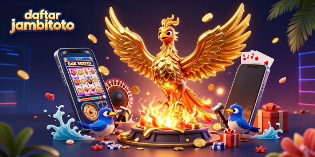 Experience the thrill of daftar jambitoto with a dynamic scene featuring a golden phoenix and exciting gaming elements.