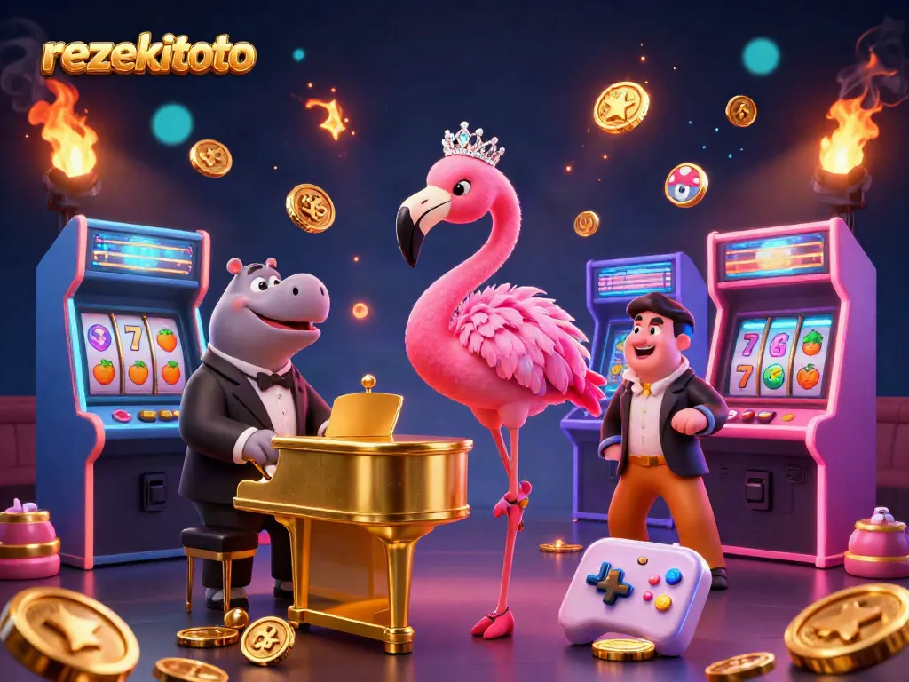Experience the vibrant ambiance of rezekitoto's interactive casino scene featuring a flamingo singer and hippo bassist.