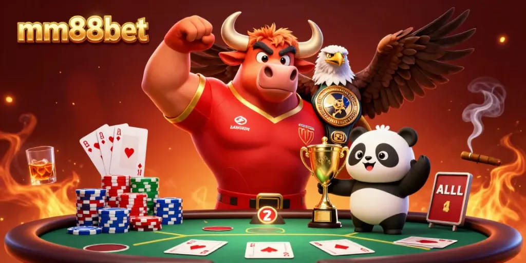 Experience winning strategies with mm88bet's vibrant casino scene featuring a bull mascot and a golden trophy.