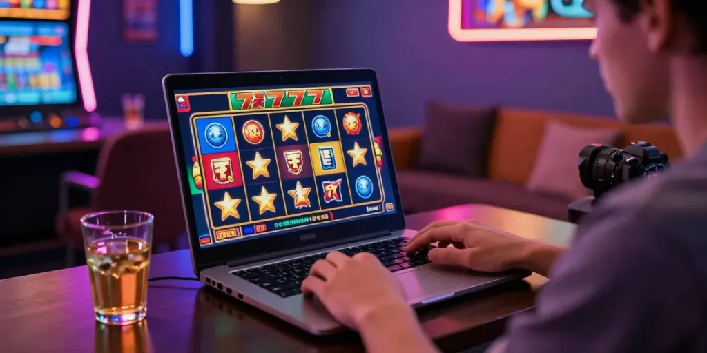 Engaged player enjoying slot777 online gaming with vibrant slot reels.