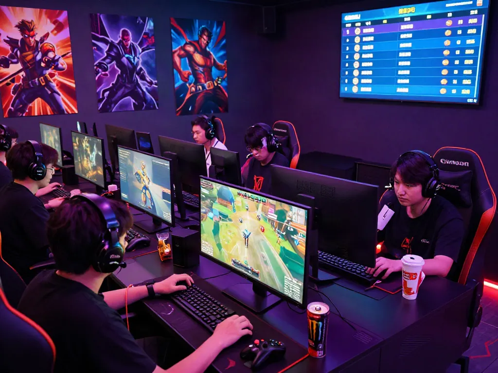 Competitive gaming scene showcasing players engaged in garuda404 with vibrant neon lights.