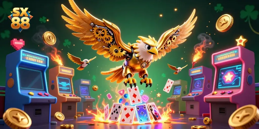 Experience sx 88 with a cybernetic golden eagle diving into a vibrant casino-themed world.