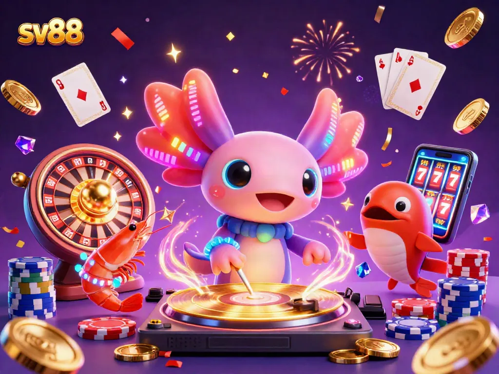 Experience sv88's vibrant casino atmosphere with a neon-colored DJ and dynamic gaming elements.