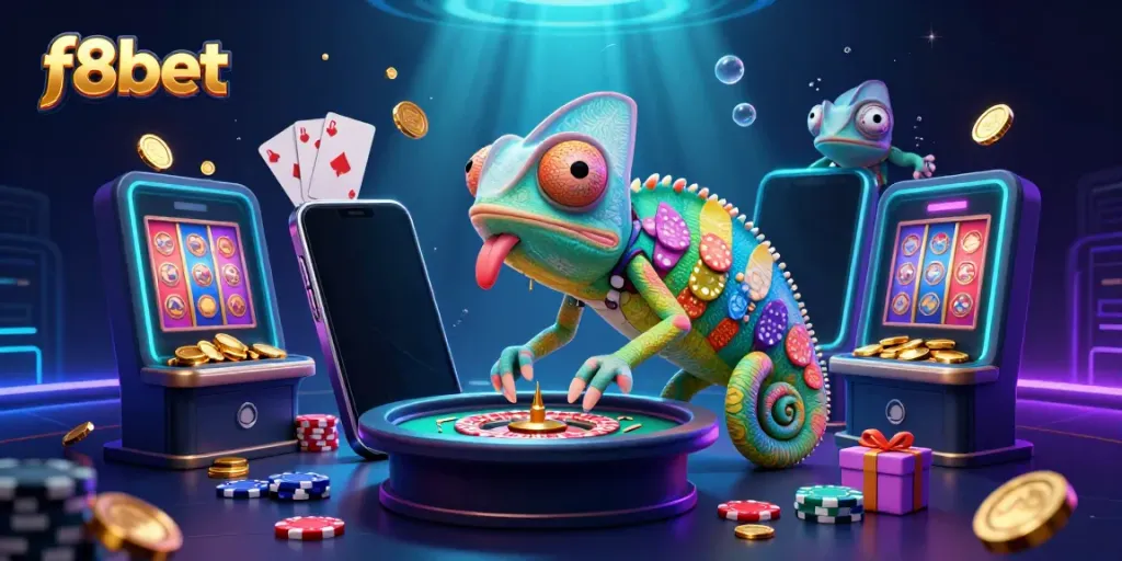 Experience the excitement of f8bet with a vibrant 3D chameleon casino scene featuring rich gaming elements.