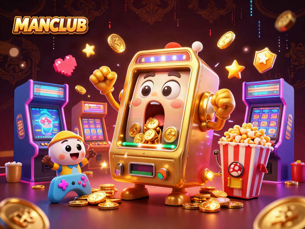 MANCLUB's vibrant casino fantasy shows a golden slot machine celebrating its jackpot amidst cheering companions.