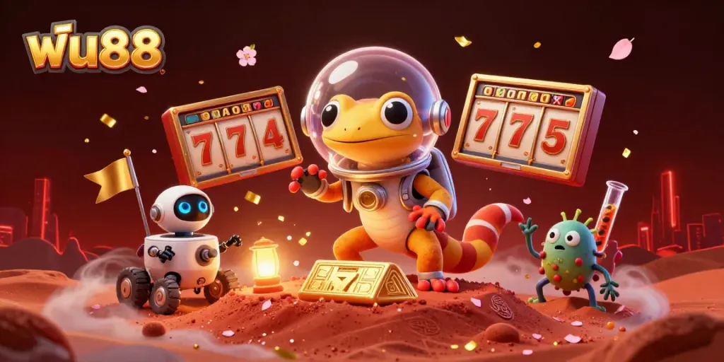 Engage with the vibrant casino adventure at ฟัน88 featuring a Martian gecko exploring a golden casino, embodying a thrilling gambling experience.