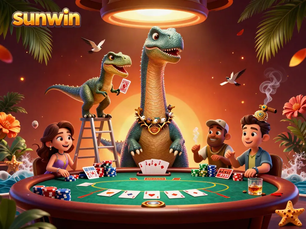 Experience sunwin's vibrant casino atmosphere with a cartoon dinosaur and raptor dealing cards.