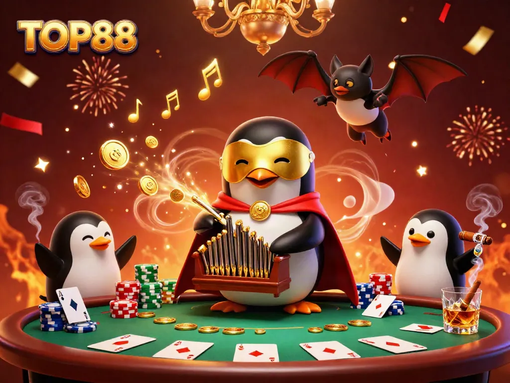 Experience the excitement at TOP88 as the phantom penguin plays at a vibrant casino scene.