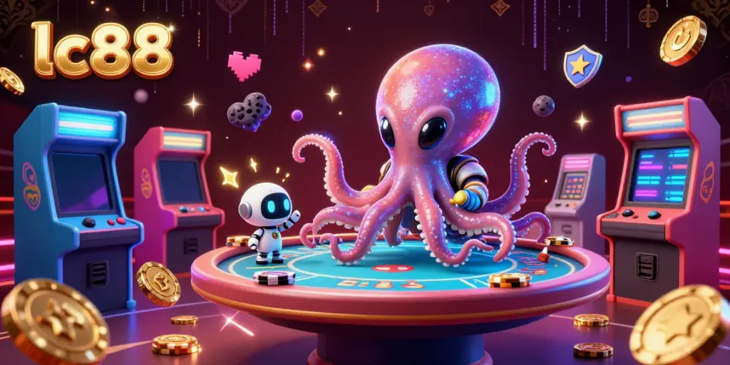 Experience exciting gameplay at lc88 with a colorful cosmic casino featuring an alien octopus and robot.