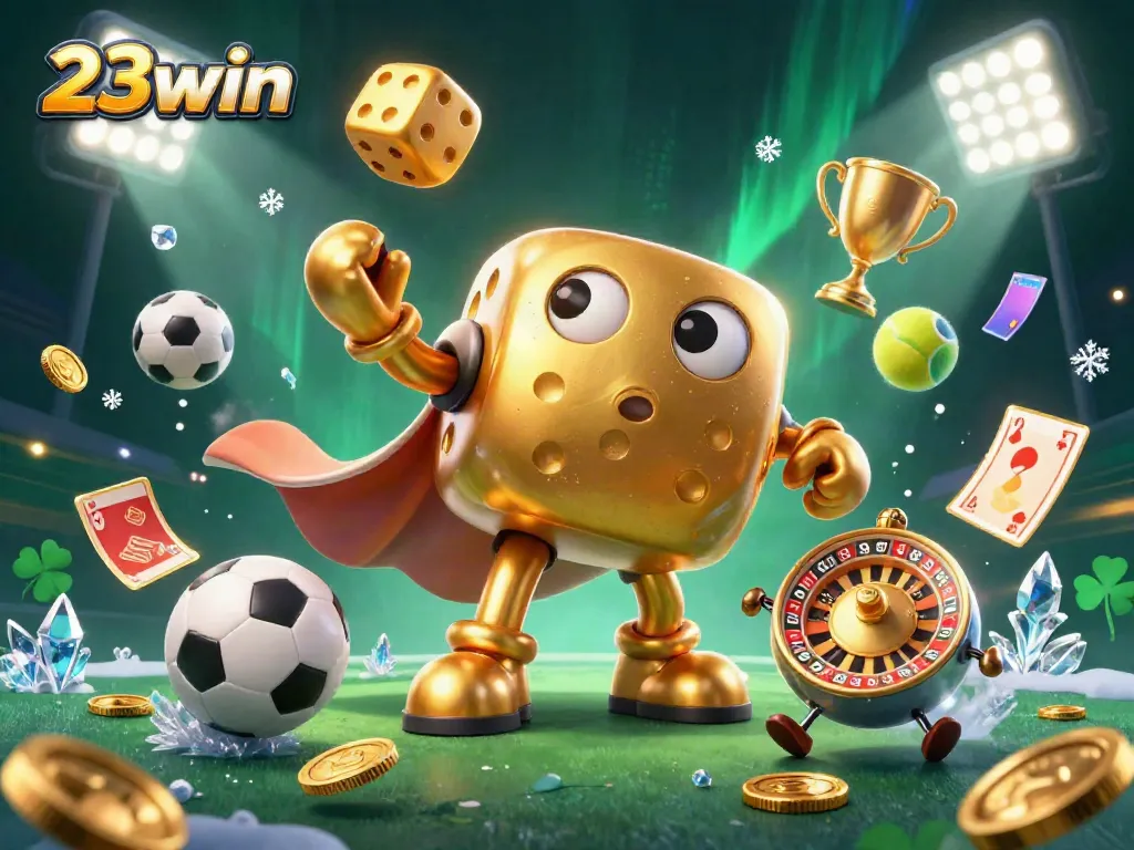 Engage with thrilling 23win gaming action featuring golden dice and vibrant sports elements in an energetic casino scene.