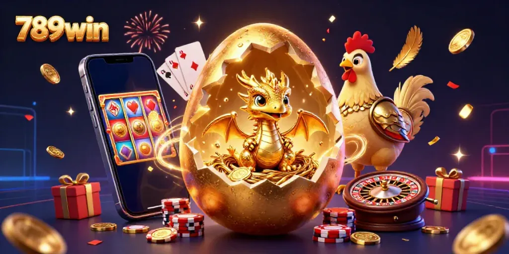 Experience the thrill of winning at 789win with a golden dragon guarding poker chips and vibrant slot games.