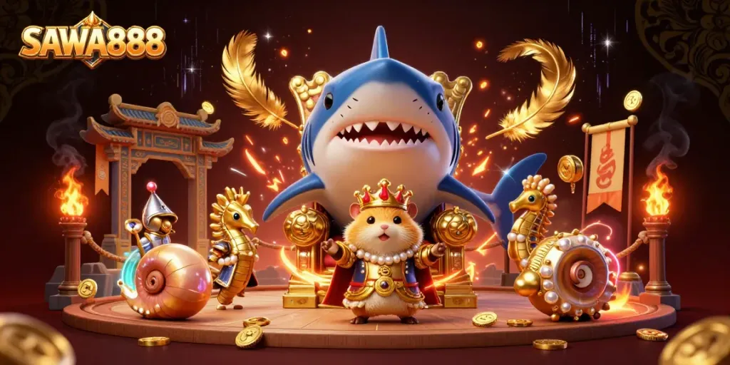 Spin the reels with SAWA888 as the fierce golden hamster king reigns over a vibrant casino scene.