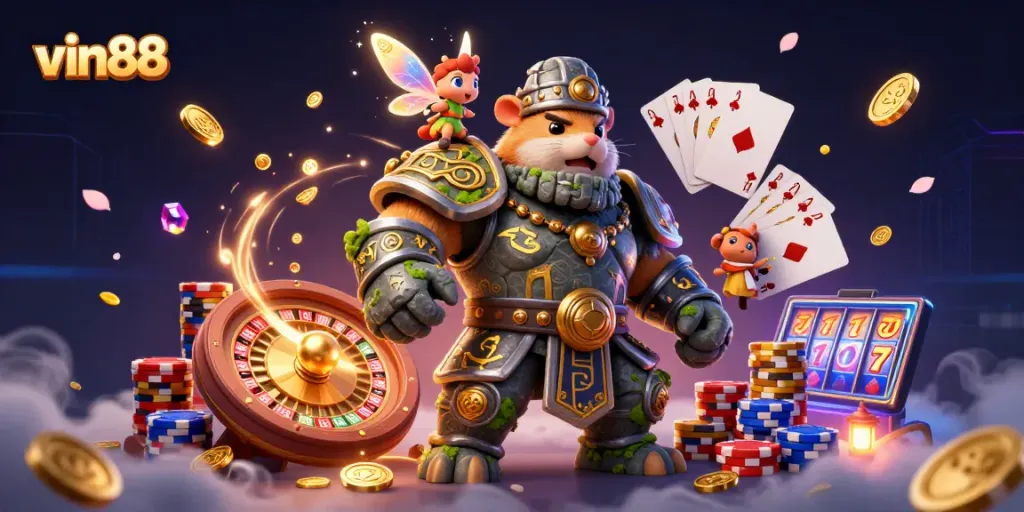 Experience the excitement of vin88 gaming with a magical 3D casino scene featuring a mystical golem and fairy.