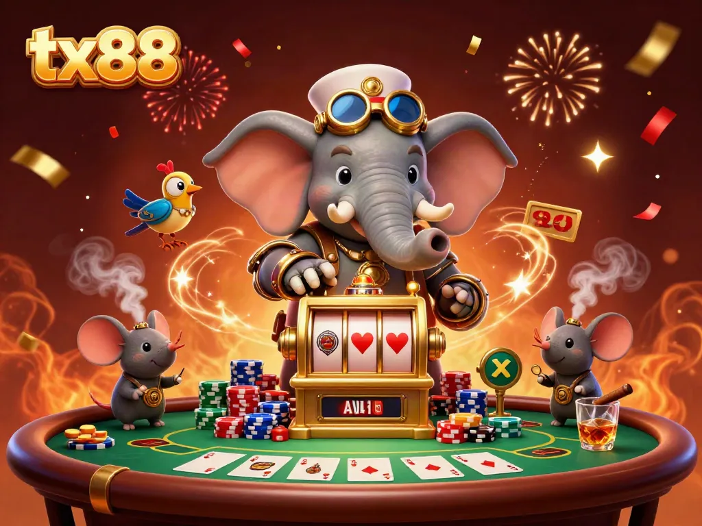 Experience thrilling gameplay with tx88's steampunk elephant engineer amidst a lively casino scene.