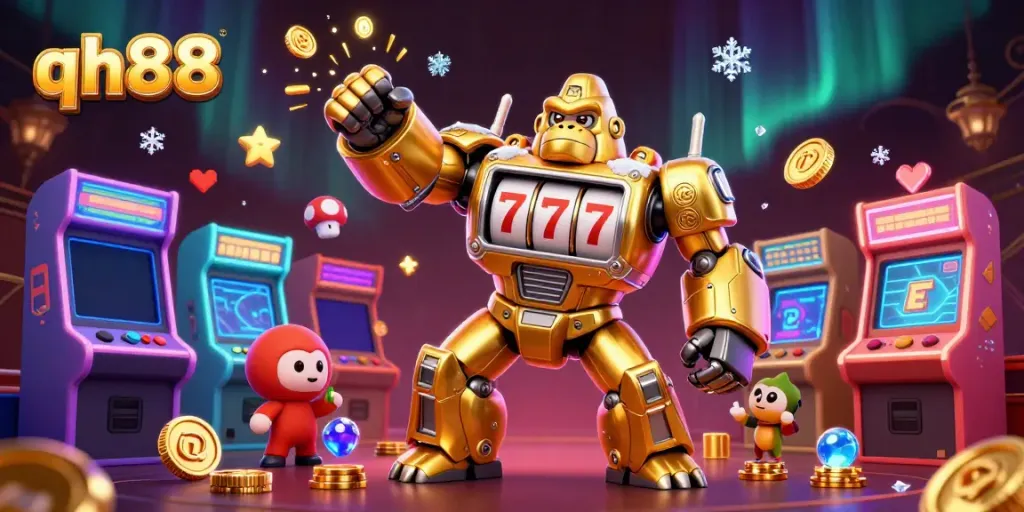 Experience the excitement at qh88 with a golden gorilla mech, surrounded by colorful game elements and sparkling effects.
