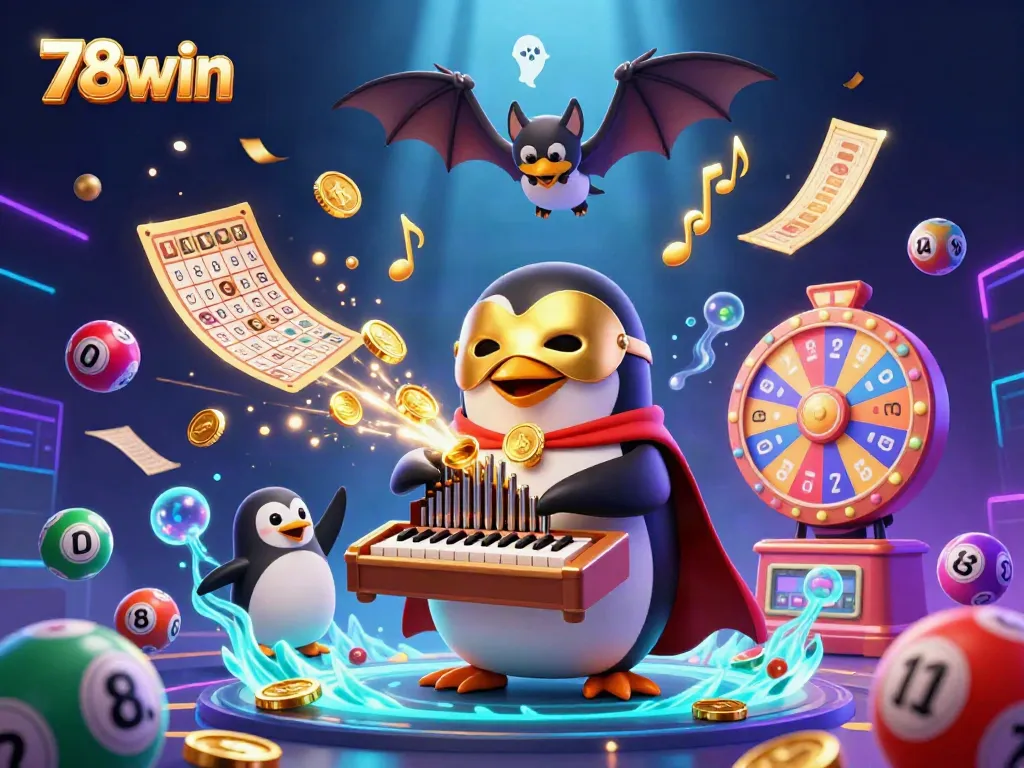 Engage in thrilling gameplay with 78win's colorful casino action featuring a penguin playing a golden organ.