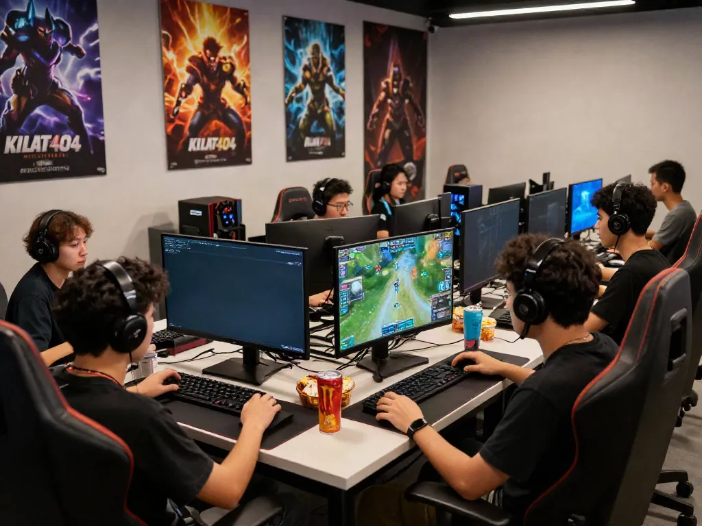 Kilat404 gamers enjoying a competitive online session in a vibrant gaming lounge.