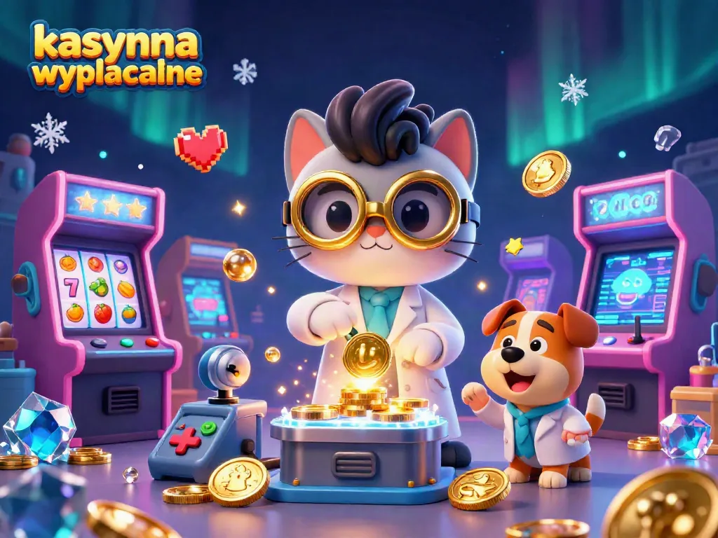 kasyna wyplacalne featuring mad scientist cat and assistant dog creating coins in a colorful casino lab