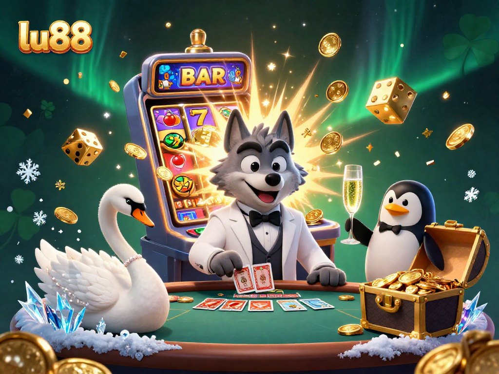 Experience the excitement of lu88 with a charming wolf, swan, and penguin in a vibrant casino scene.