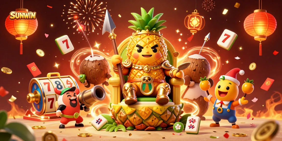 SUNWIN casino scene with a golden pineapple king, coconut guards, and a mango jester celebrating winning strategies.