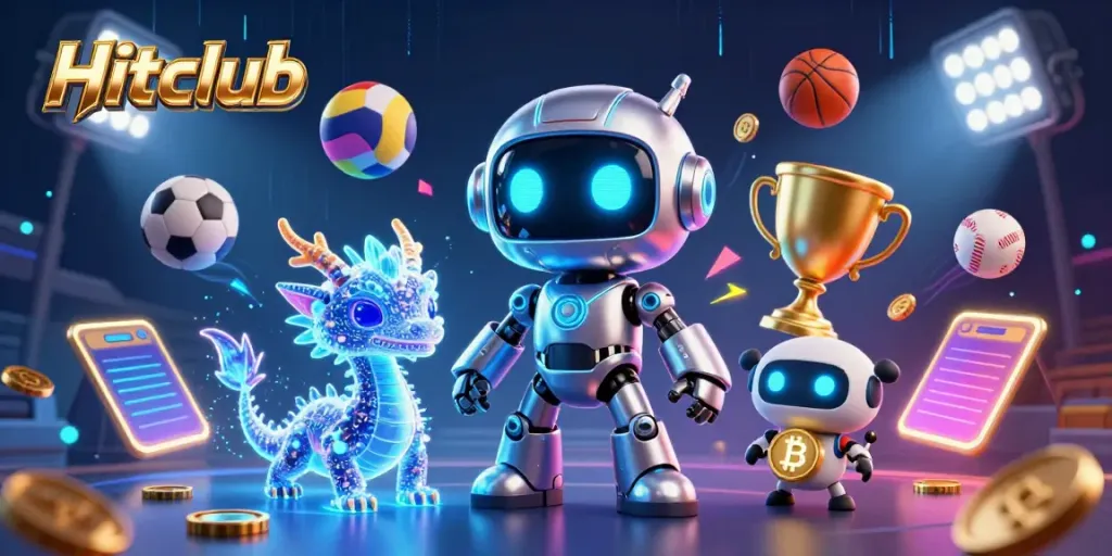 Experience winning at Hitclub with a dynamic scene of a cyberpunk robot and AI characters in a vibrant 3D casino.